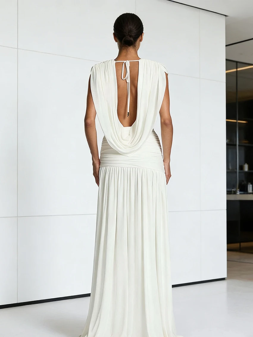 Women Draped Front Backless Maxi Dress with Deep V Neck Ruched Waist and Flowy Hem Fashionable Slim Fit for Evening Party Wear