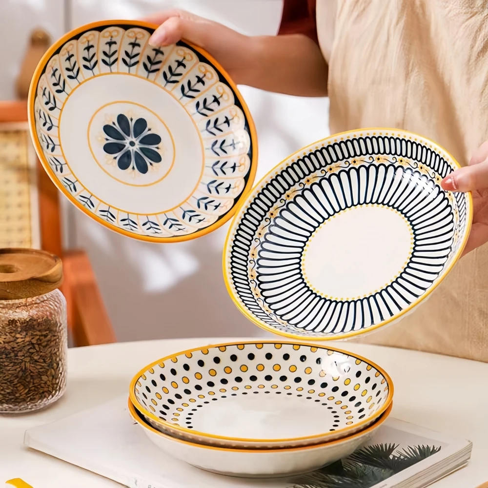 4 pcs ceramic 8-inch discs, Japanese dining table serving plates, relief craft salad pasta plates