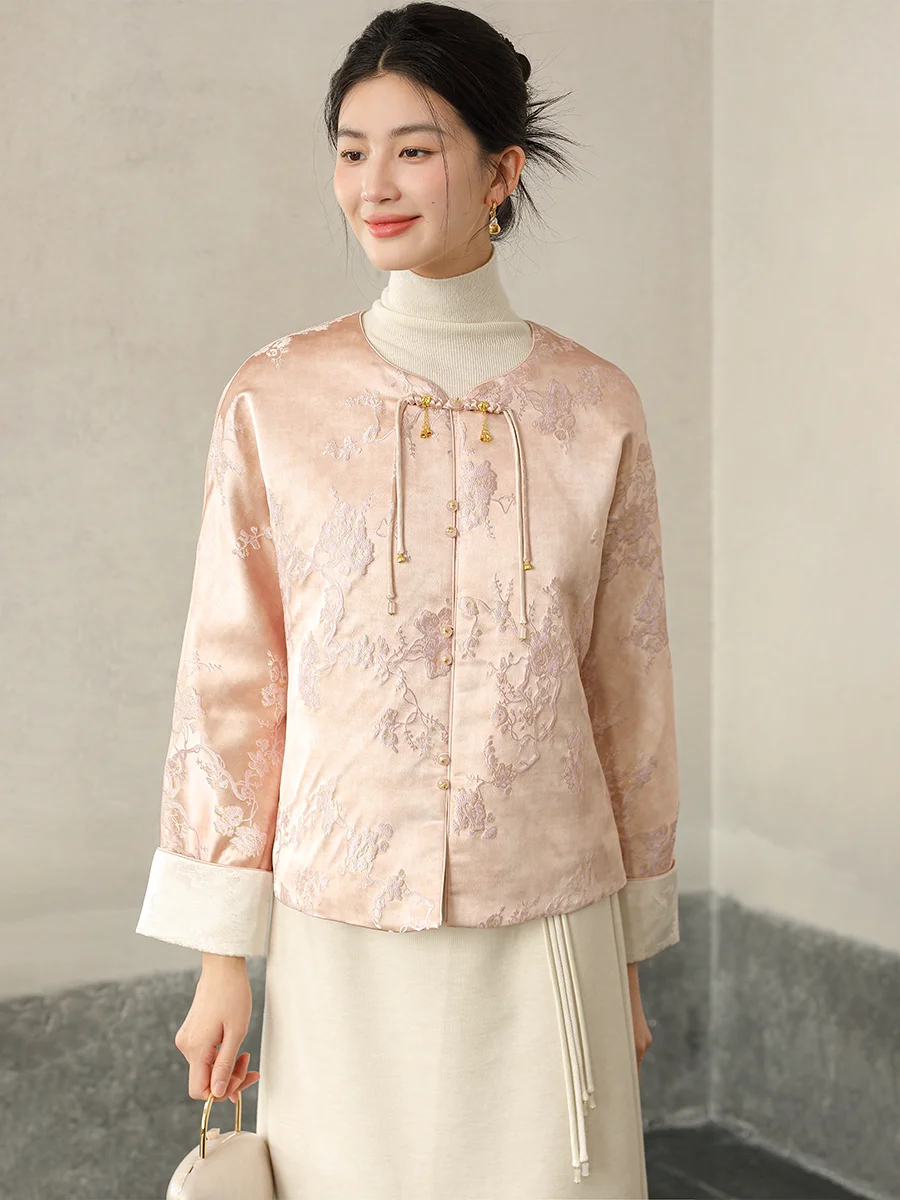 

New Chinese Sle Women's Cotton Jaet Autumn Winter Middle Particular Silk Color Matched T Top with Long Sve round C...