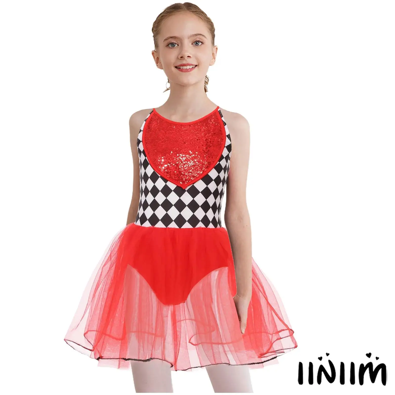 

Girls Movie Character Clown Cosplay Costume Cami Dresses Sequins Checkerboard Tutu Dress Halloween Role Play Dress Up Costume