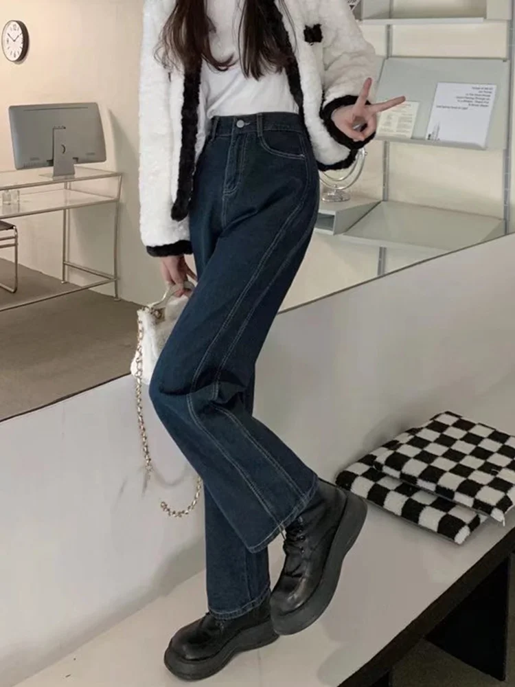 

Свободные прямые джинсы с высокой талией, сине-серые, больших размеров (до 300 фунтов), новый стиль, весна-лето, женские повседневные брюки