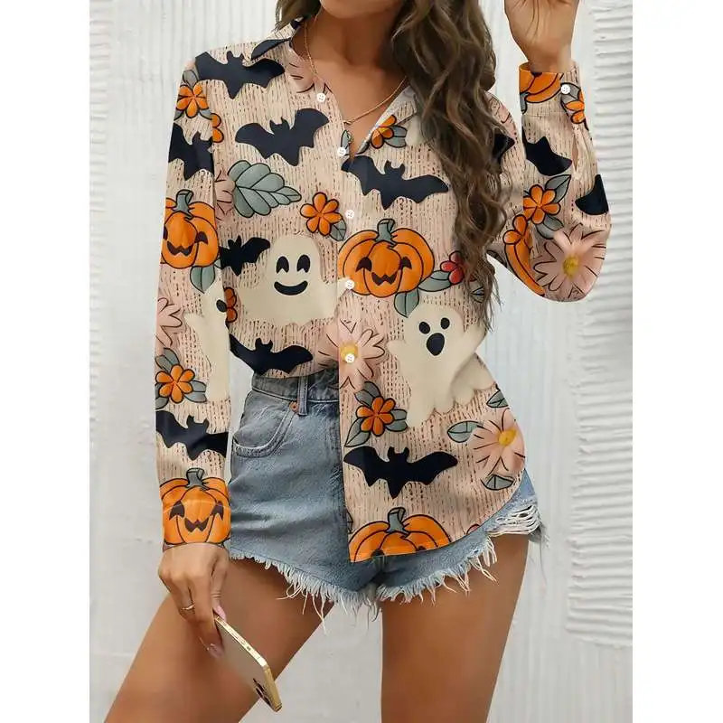 New women's long-sleeve shirt Halloween bat and pumpkin print all over Versatile top for commuting and casual wear