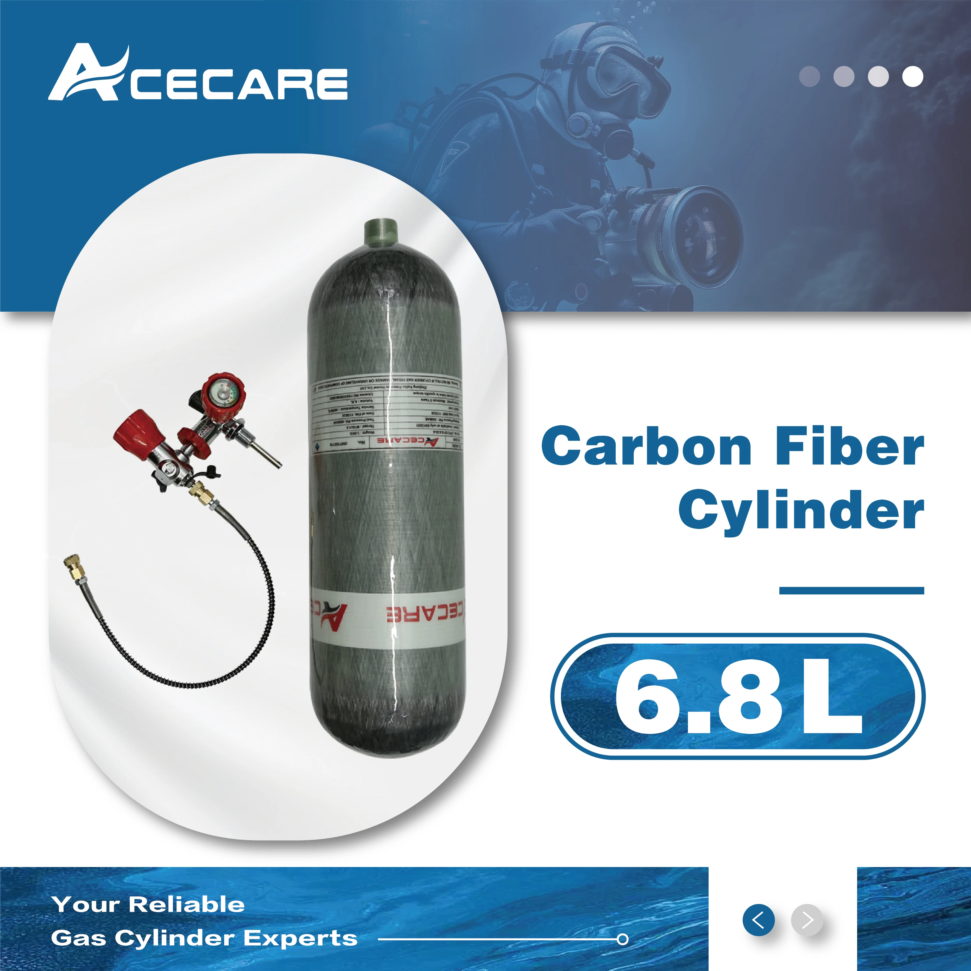 ACECARE 6.8L Carbon Fiber Cylinder 4500psi 300Bar HPA Tank High Pressure Cylinder with Regulating Valve for Scuba Diving M18*1.5