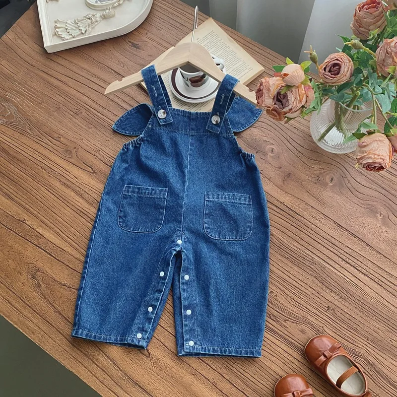 Cute Baby Girls Overalls 0-24Months Kids Bunny Ear Ball Loose Denim Jumpsuit Suspender Pants Jeans Outwear Spring Autumn Clothes