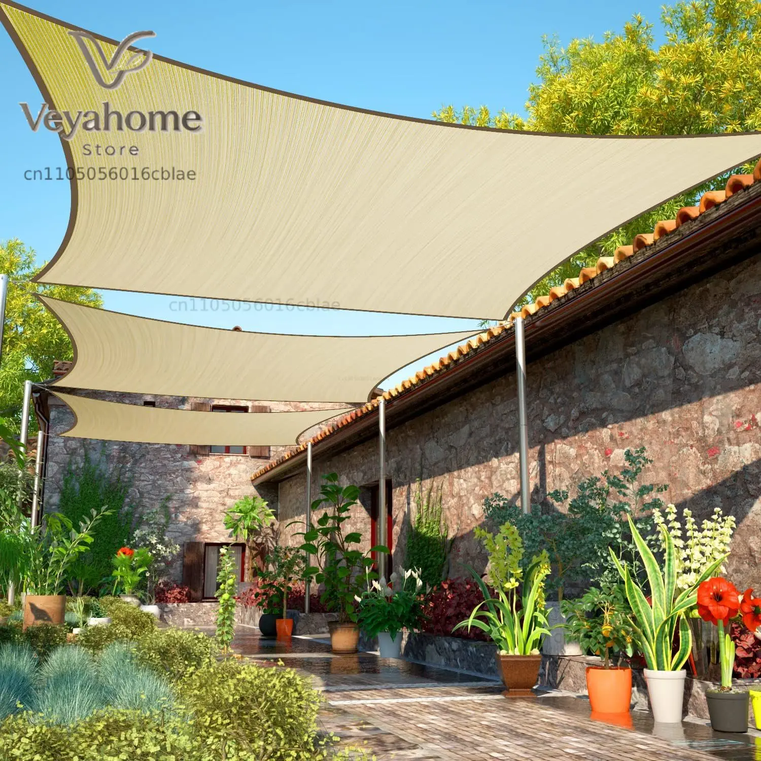 ShadeMart 16' x 16' Beige Sun Shade Sail Square Canopy Fabric Cloth Screen, Water and Air Permeable