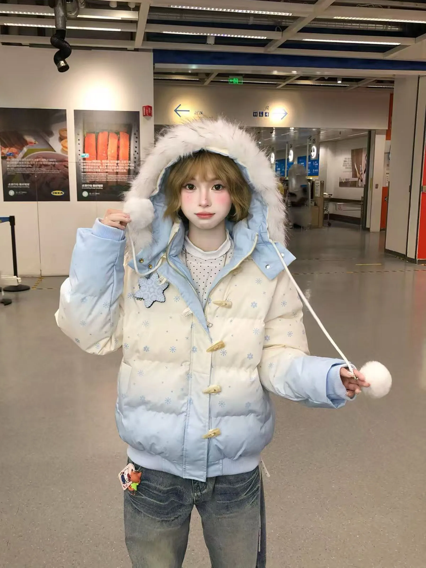 

Thiened Winter Cotton Jaet with Fur Collar Magic Tape Snowflake adient Bread Sle Coat Sweet Loose Fit Long Sve