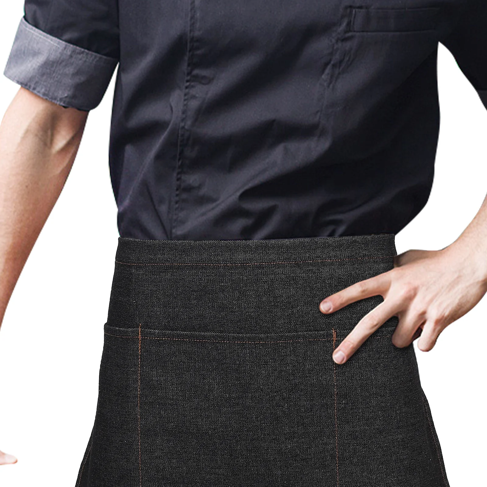 

Denim Waist Apron Black Short Serving Aprons Three Pockets Adjustable Tie Waiter Waitress Work Half-Length Cooking Apron