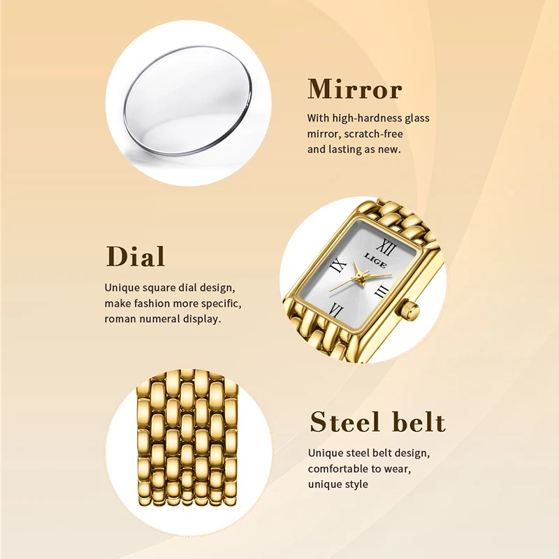 2025 LIGE New Watches Women Fashion Casual Luxury Gifts Womens Waterproof Square Dial Steel Belt Quartz Wrist Watch reloj mujer