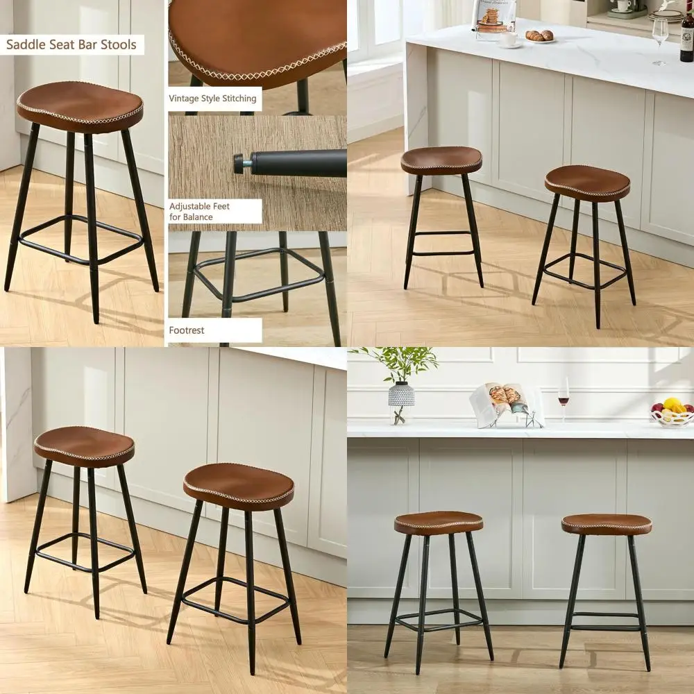 

Bar Stools Set of 2, Modern 24" Counter Height Bar Stools, Faux Leather Backless Saddle Stools for Kitchen Island chair