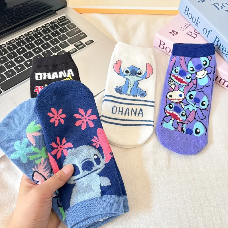 5 Pairs Stitch Disney Short Multi-Color Boat Socks Random Anime Pattern Simple Breathable Socks for Girls Boys Cute Short Socks