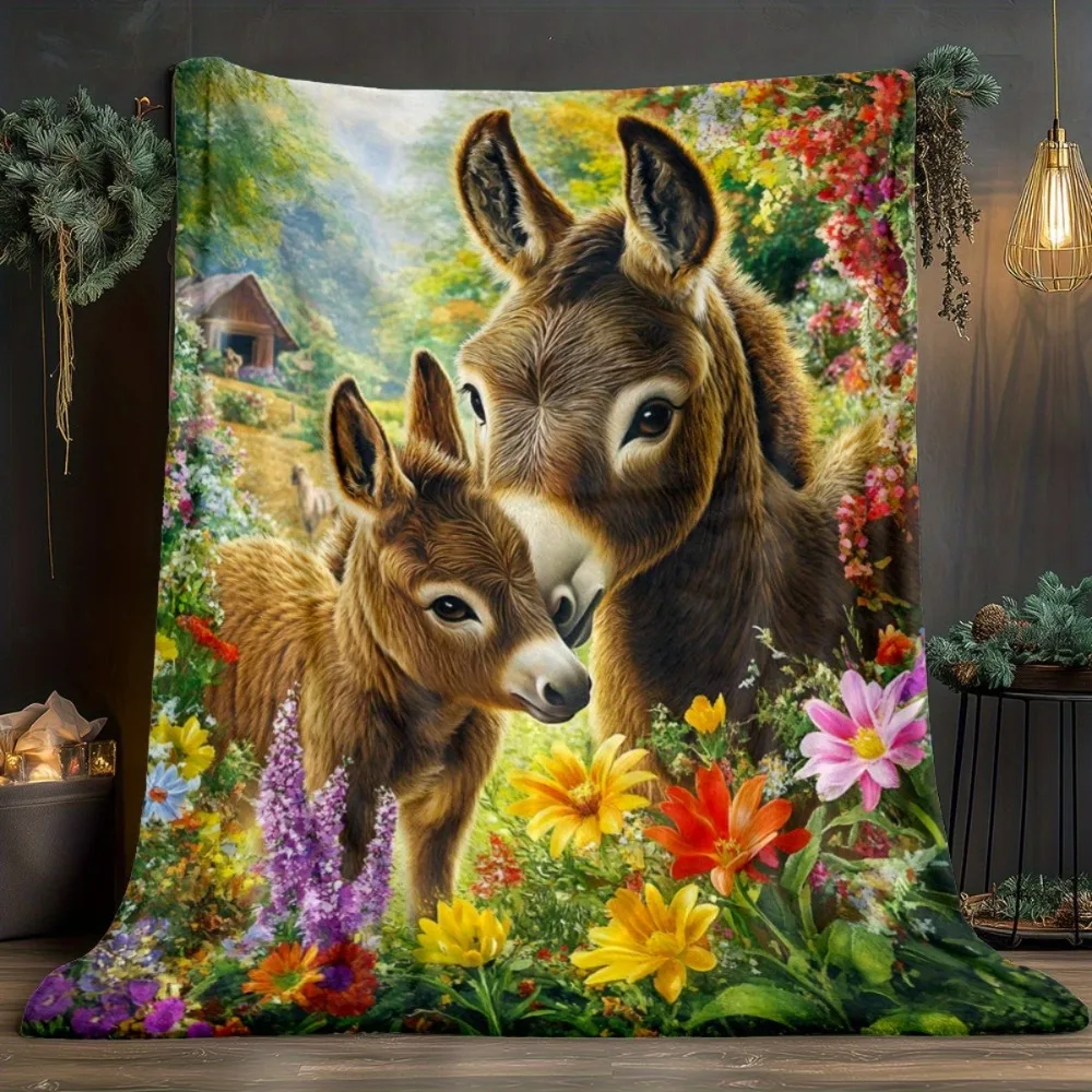 1pc 2D Flat Mother and Child Donkey in a Flower Bush Themed Digital Print Flannel Blanket - 100% Polyester Fiber, Suitable for A