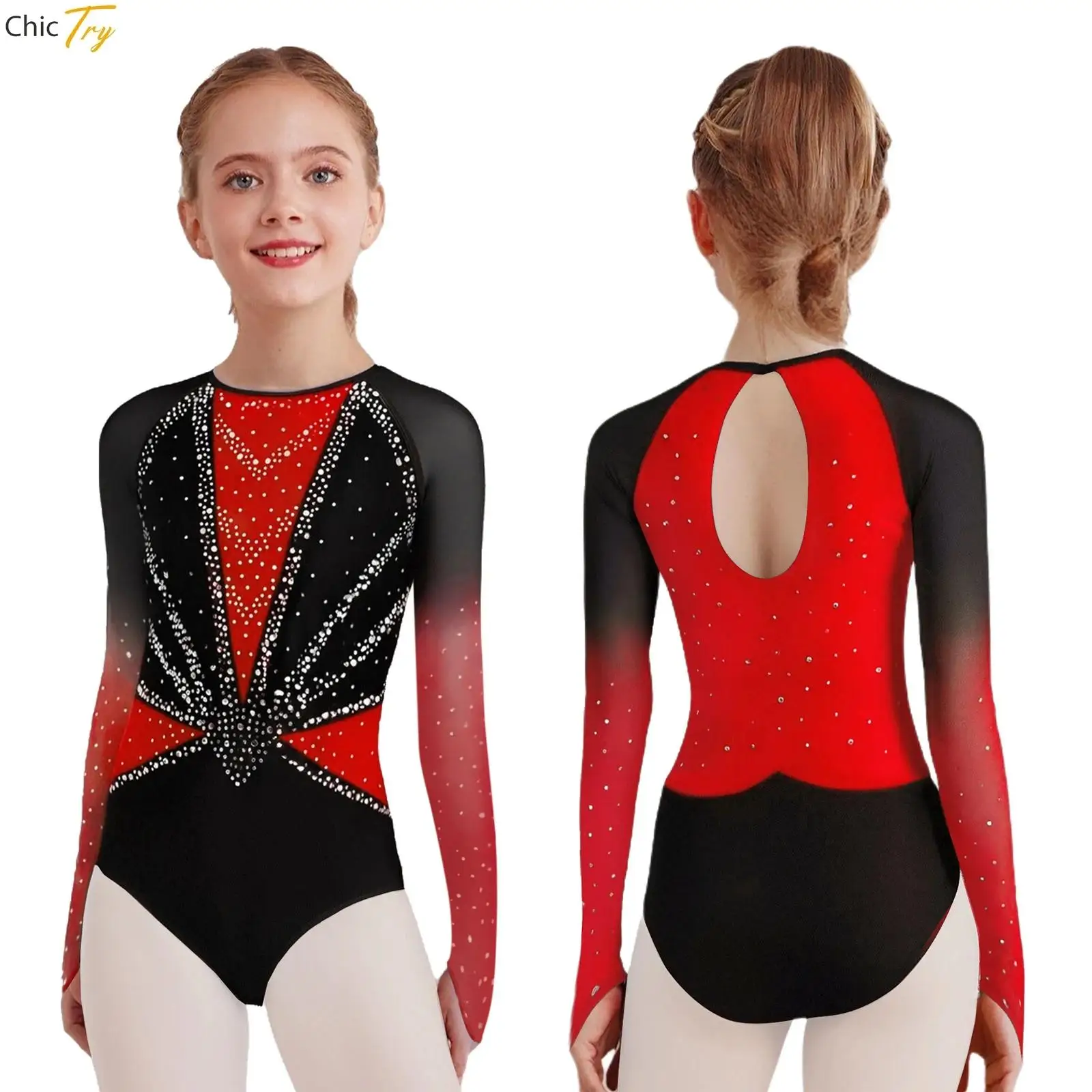 어린이 소녀 발레 댄스 피겨 스케이팅 체조 아크로바틱 공연 의상 긴 소매 라인스톤 레오타드 바디수트 점프수트