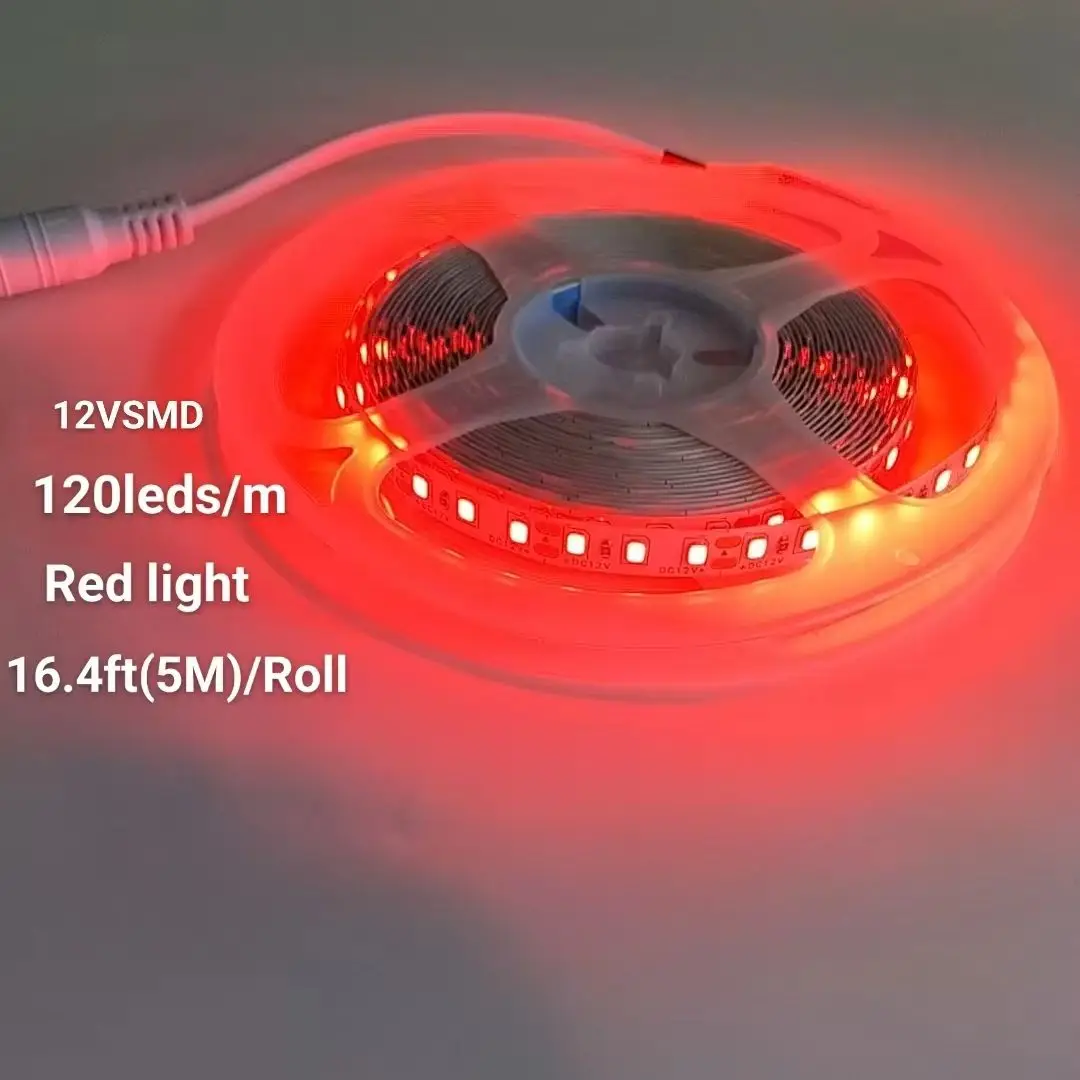 

1 Roll/2 Rolls 12V 16.4 Feet (5m) Per Roll Smd2835 120 Leds/Meter with Dc Connector Led Strip, 8mm Wide Red Light Super Bright Flexible Cuttable Light Strip, Led Chip 12V Bare Board Self-Adhesive Flexible Strip Light, Home Decoration Light Strip, Indoor C
