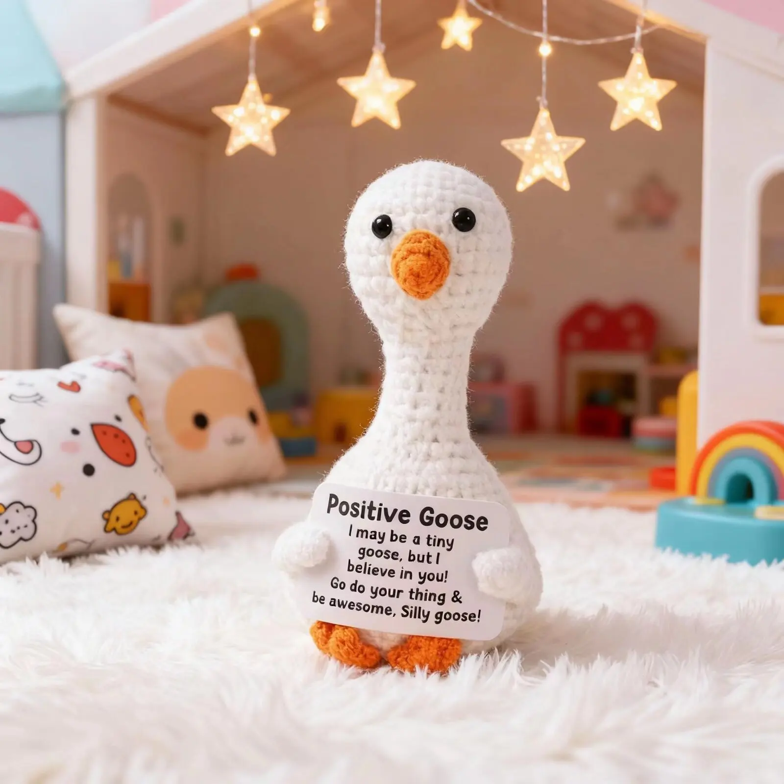 Handmade Crochet Positivity Goose Decor Amigurumi Knitted Ornament Cute Home Art for Living Room Hot Trend Gift for Craft Lovers