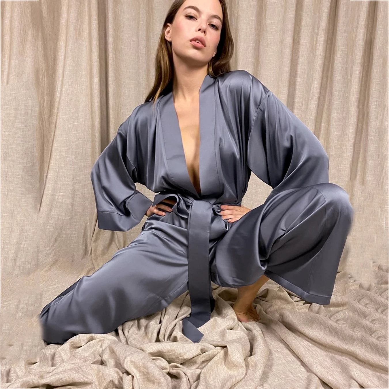 New Female Pajamas Set Sexy V-Neck Robe Elastic Waist Trouser Pijamas Suit Thin Satin Sleepwear Nightwear Loose Casual Home Wear