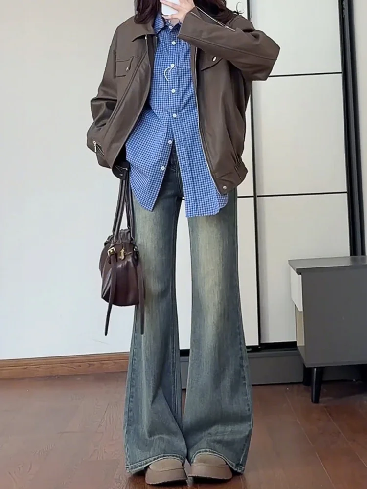 Fce Lined Thiened Micro Flared Jeans Women's Autumn Winter New Large Size Fat MM High Waist Non-Matching Leg Elastic Fla...