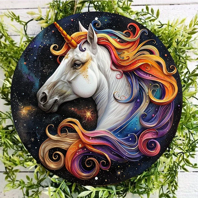 

Waterproof Aluminum Unicorn Wall Art, Round Metal Sign with Pre-Drilled Holes, HD Printed Outdoor Decor, Textured Finish