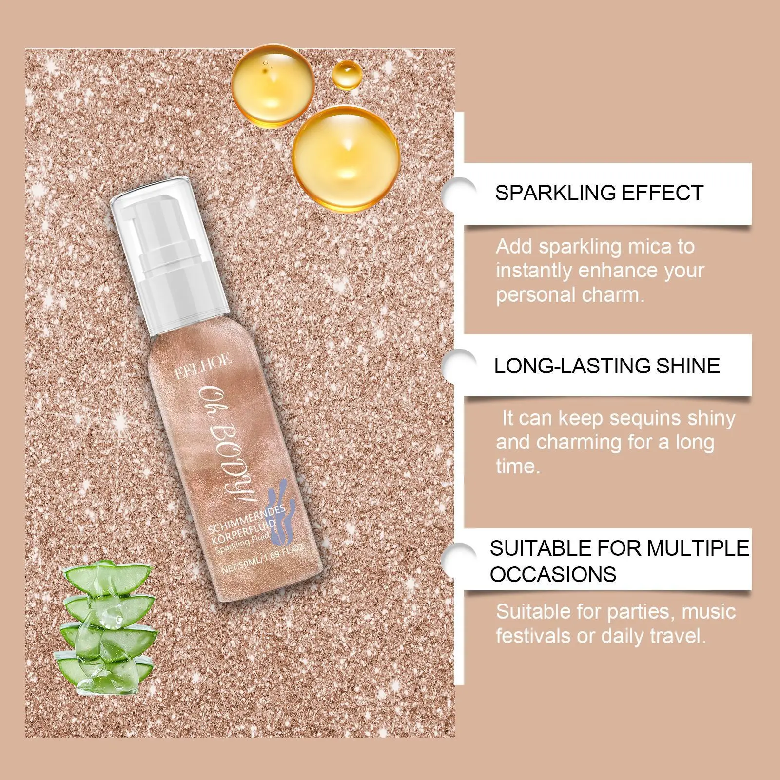 EELHOE سائل مريح لامع للجسم، ترطيب يدوم طويلاً، مقاوم للماء، يعزز المظهر، استخدام الحفلات، سائل سطع الجسم #2