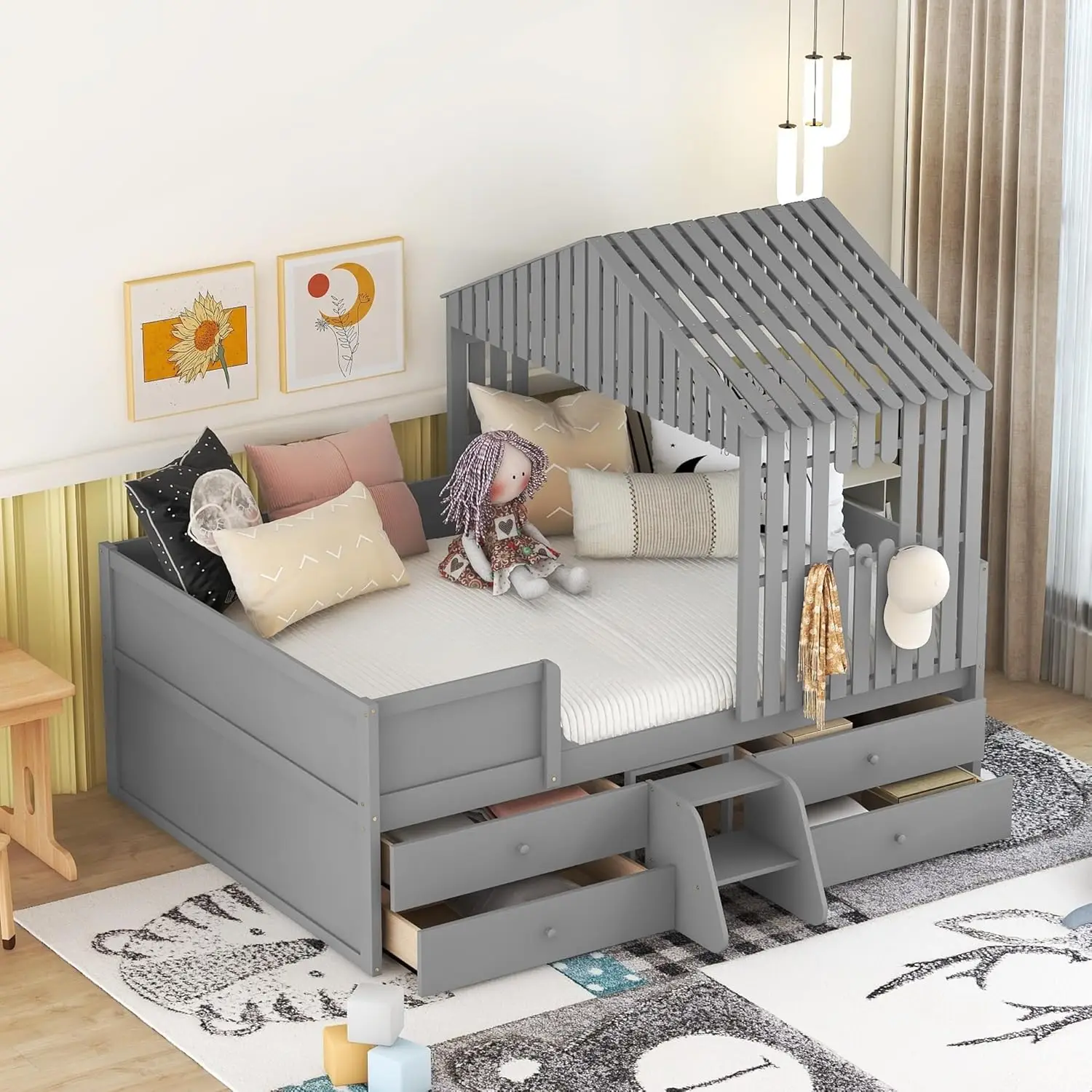 

Full Size House Bed For Kids , Wooden Low Full Loft Bed With 4 Drawers, Full Storage Bed Frame With Roof And Windows ,Cabin