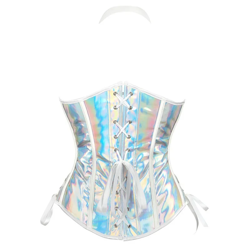 مشد Steampunk القوطي العلوي من جلد البولي يوريثان بوستير تحت الصدر مع حزام رسن فضي وأسود للهالوين كورسيليت