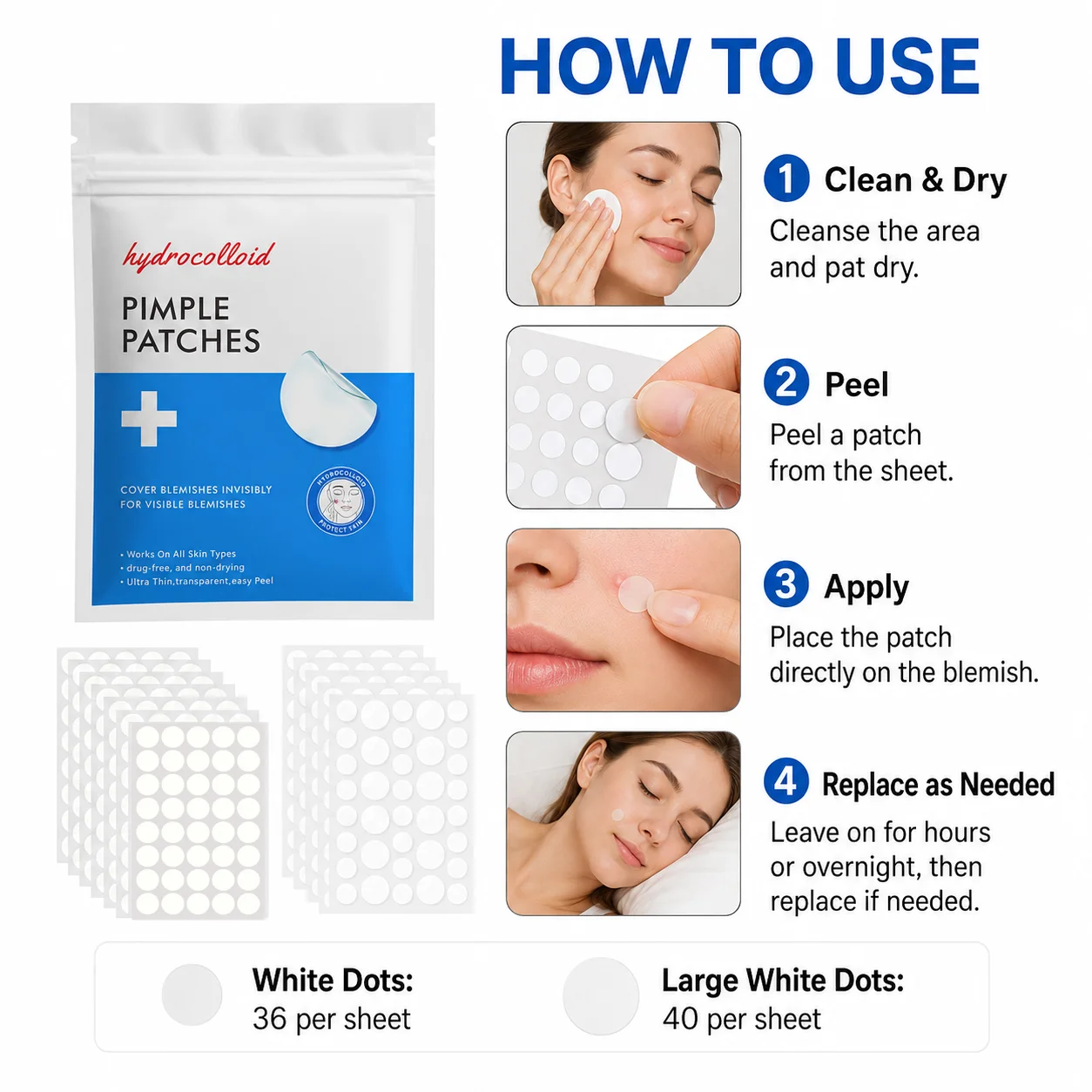 380/760pcs Hydrocolloid Pimple Patches, Invisible Round Spot Cover Stickers, 2 Patch Types, Day Night Use image 6