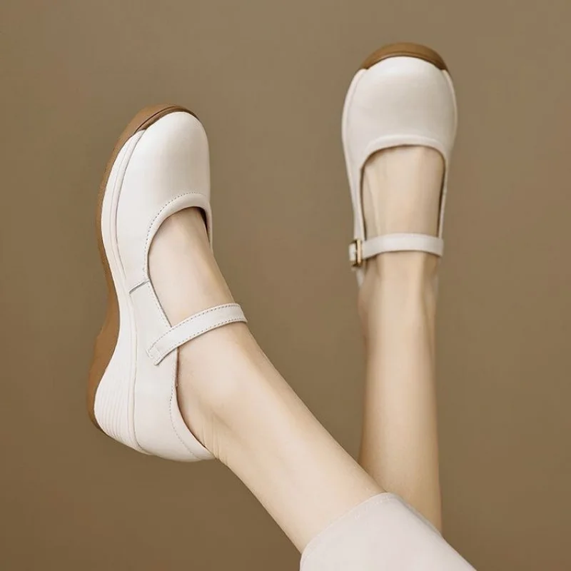 2026 Spring Women’s Mom Shoes–Soft Sole Non‑Tiring Shallow Pumps, Thick Platform Casual Leather with One‑Buckle, Wedge Heel