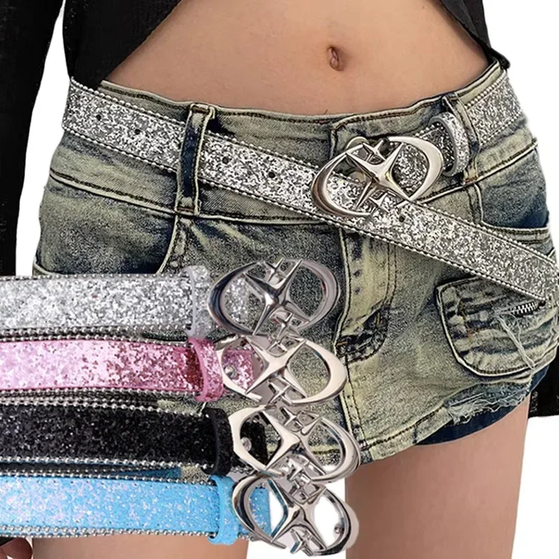 

New Y2k Moon Star Belt Fashion Cross Metal Retro Punk Belt Women Girls Pu Leather Sequin Waistband Jeans Pants Decorative Belts