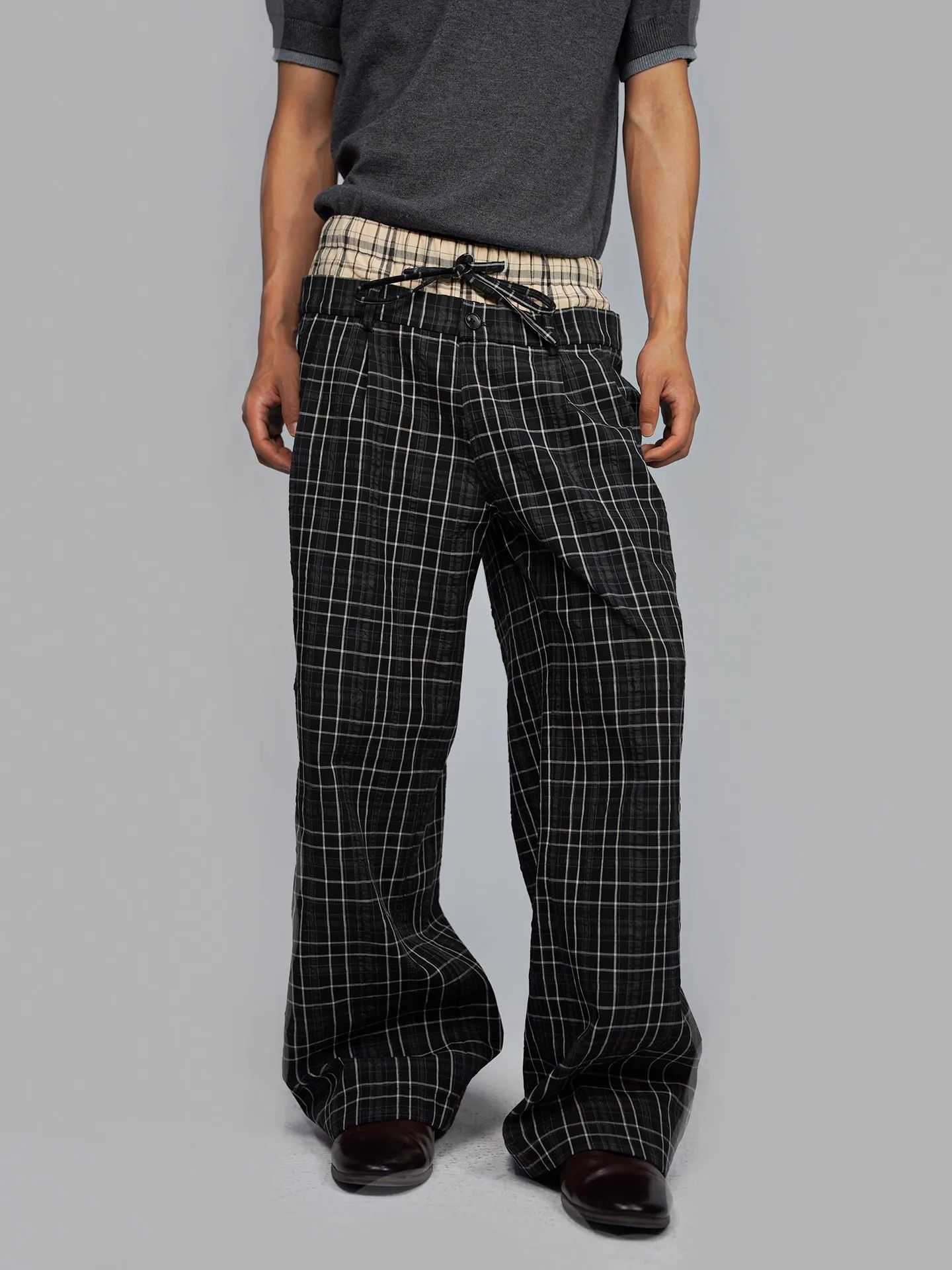 

Mauroicardi Autumn Winter Plaid Double Waistband Straight Pants for Mens Loose Luxury Designer Menswear streetwear Clothing 2025