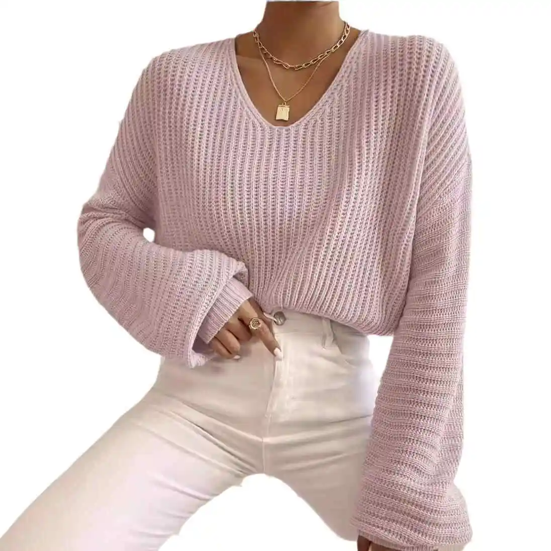 

Autumn Winter Korean Versatile Loose V-Neck Sweater Women Lazy Style Premium Feel Pullover Knit Top Cozy Soft Casual Wear