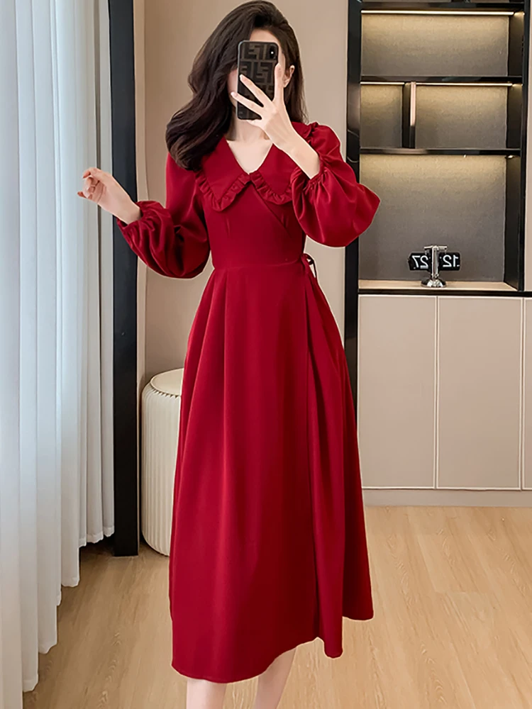 가을 겨울 레드 긴 소매 러플 달러 칼라 롱 드레스 여성 빈티지 럭셔리 이브닝 드레스 2025 한국 우아한 프로모션 드레스
