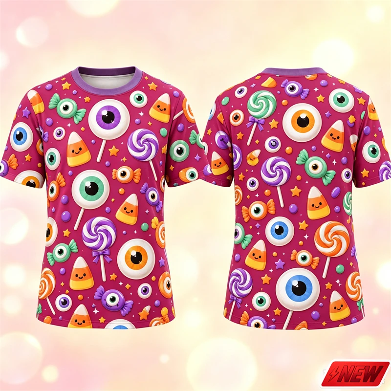 Halloween Candy Eyeball Pattern T Shirt Men 3D Print Candy Corn Star Swirl Cute Short Sleeve Tee Soft Party Novelty Top Unisex