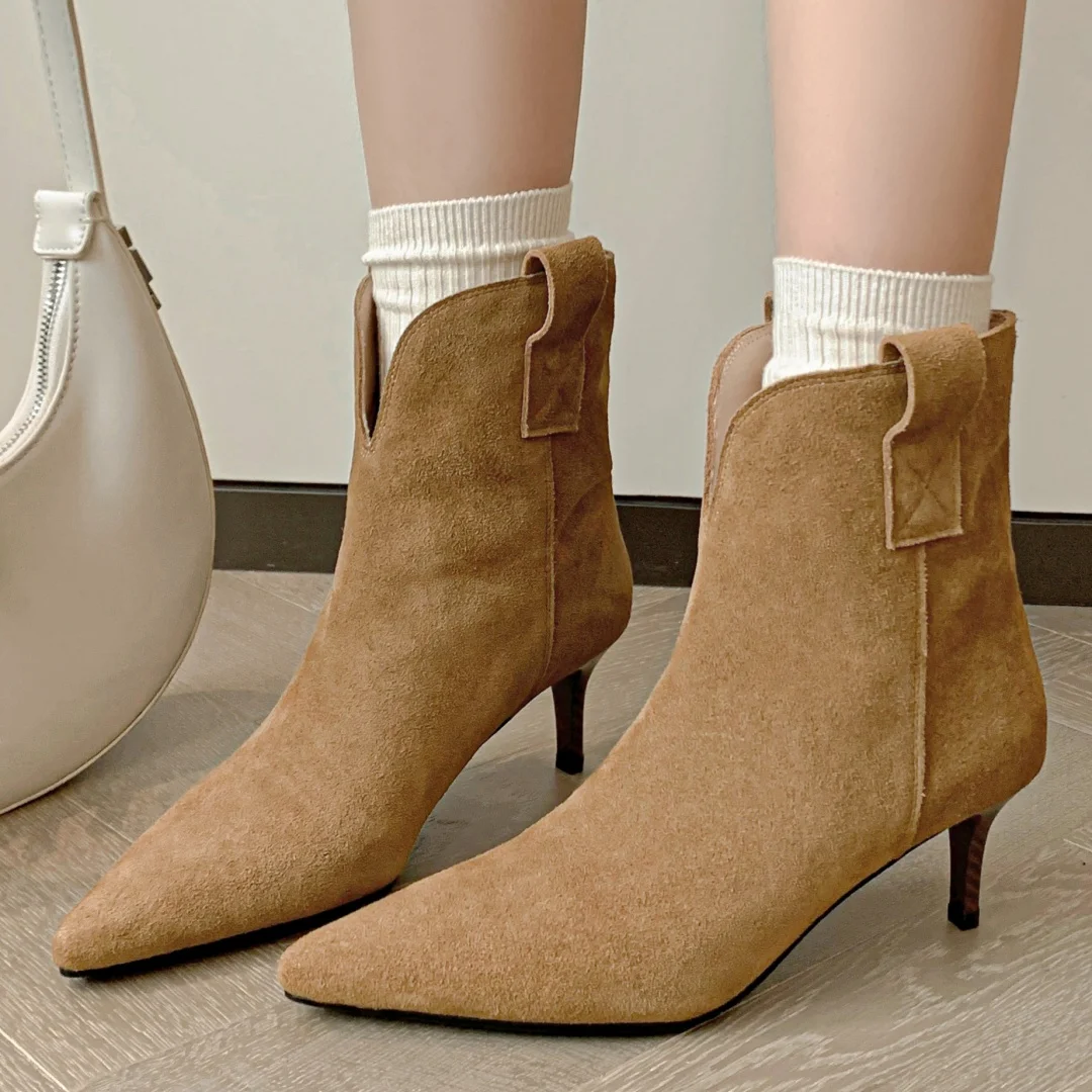 

2024 Autumn new women's natural suede leather thin high heel pointed toe slip-on ankle boots elegant ladies short bootie shoes