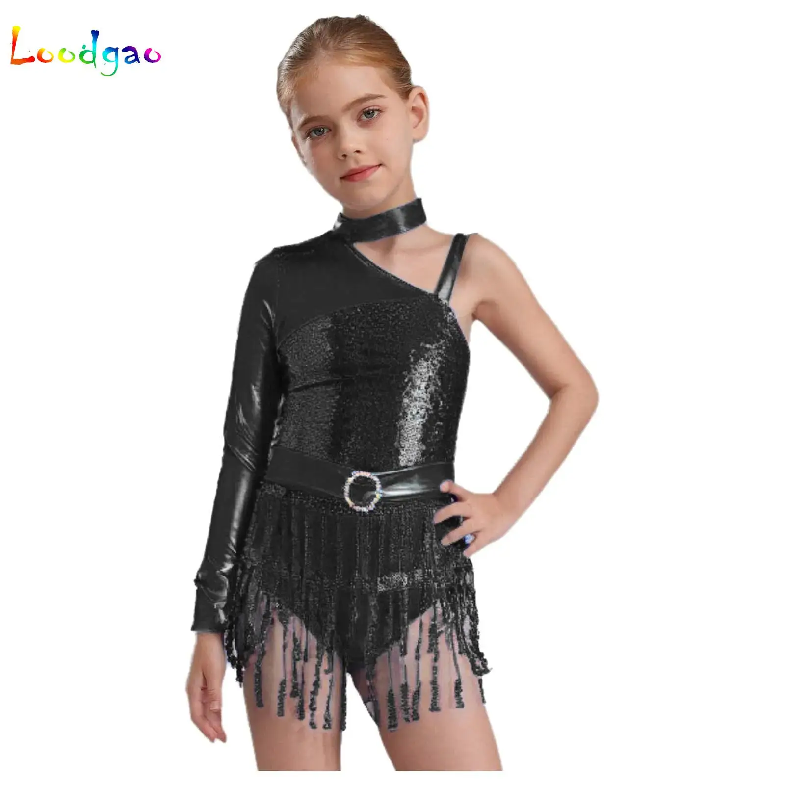 

Kids Girls Shiny Tassel Dress Latin Dance Bodysuit Tango Cha-cha Samba Rumba Gymnastics Leotard Stage Performance Dancewear