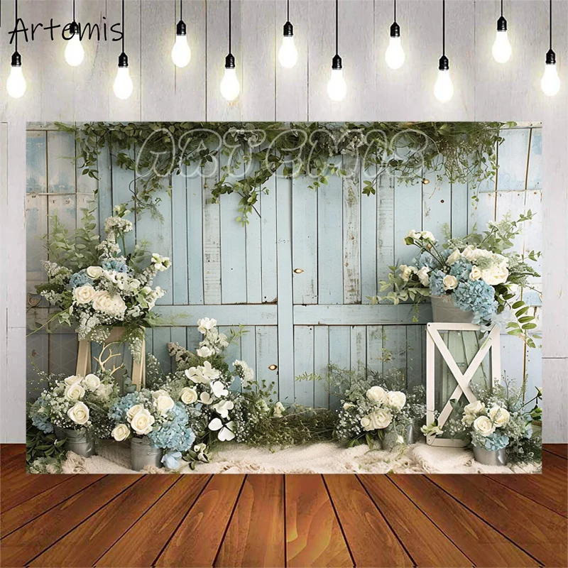 Spring Photography Backdrop Greenery Blue Decorative Pastoral Nostalgia Floral Baby Birthday Portrait Background Photo Studio