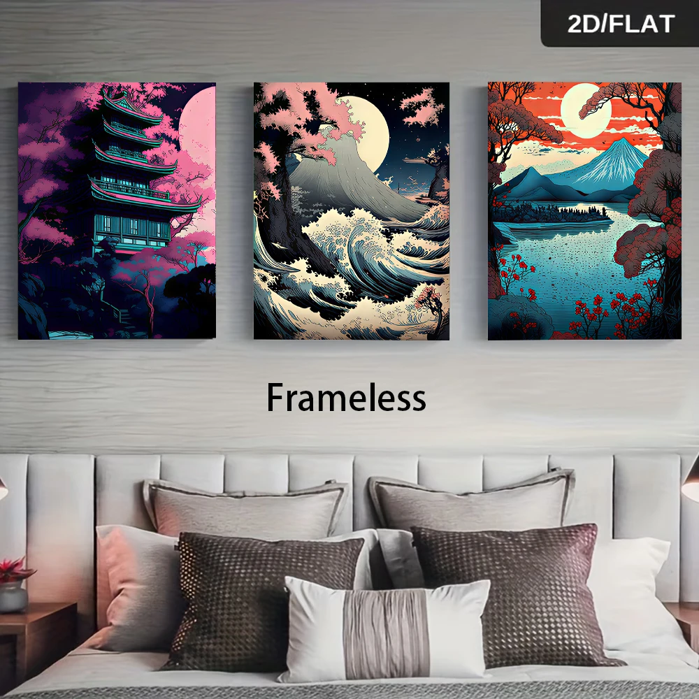 3pcs frameless Canvas Painting 1 set of three-panel Japanese decorative paintings in Ukiyo-e style: Mount Fuji, cherry blossoms