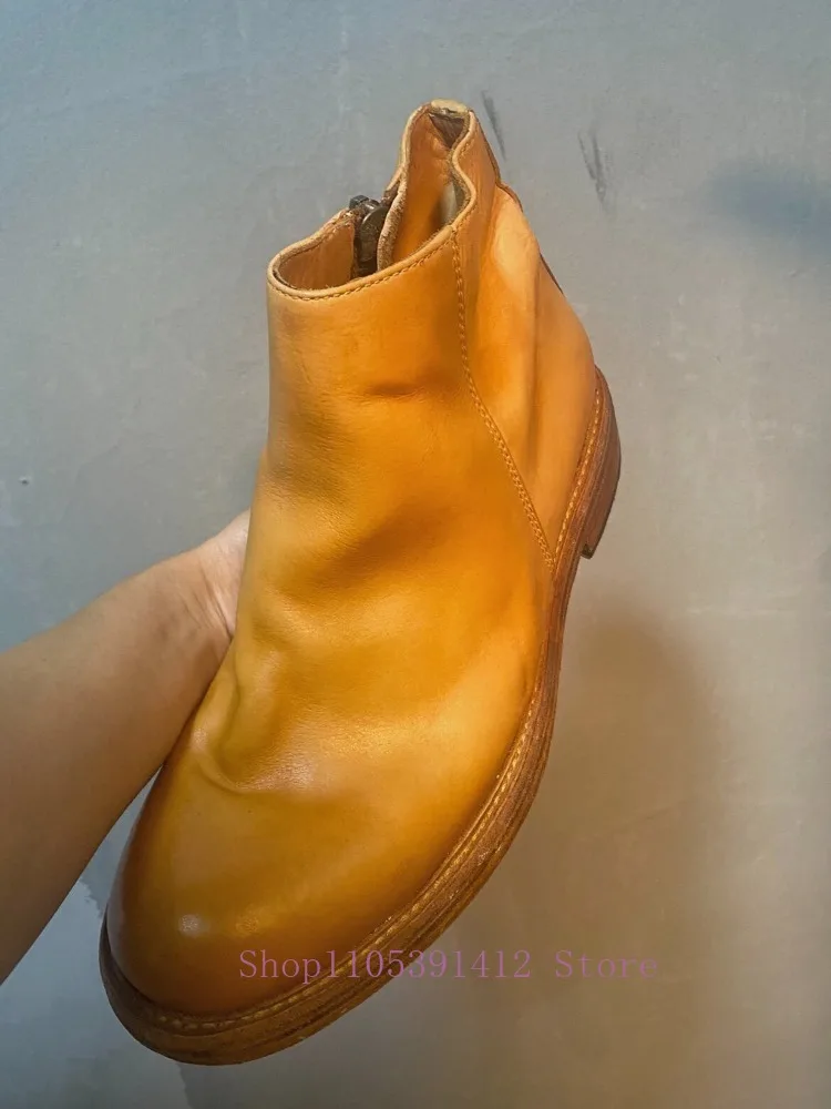 British Vintage Men Shoes Handmade Washed Cow Leather Chelsea Boots Side Zip Round Toe Casual Short Ankle Boots
