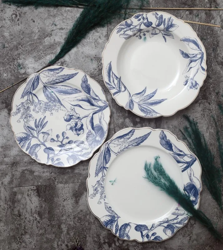 

Retro Design Flower Shape Phnom Penh Bone China dinner plates Hand painted blue plant flower pattern ceramic plate