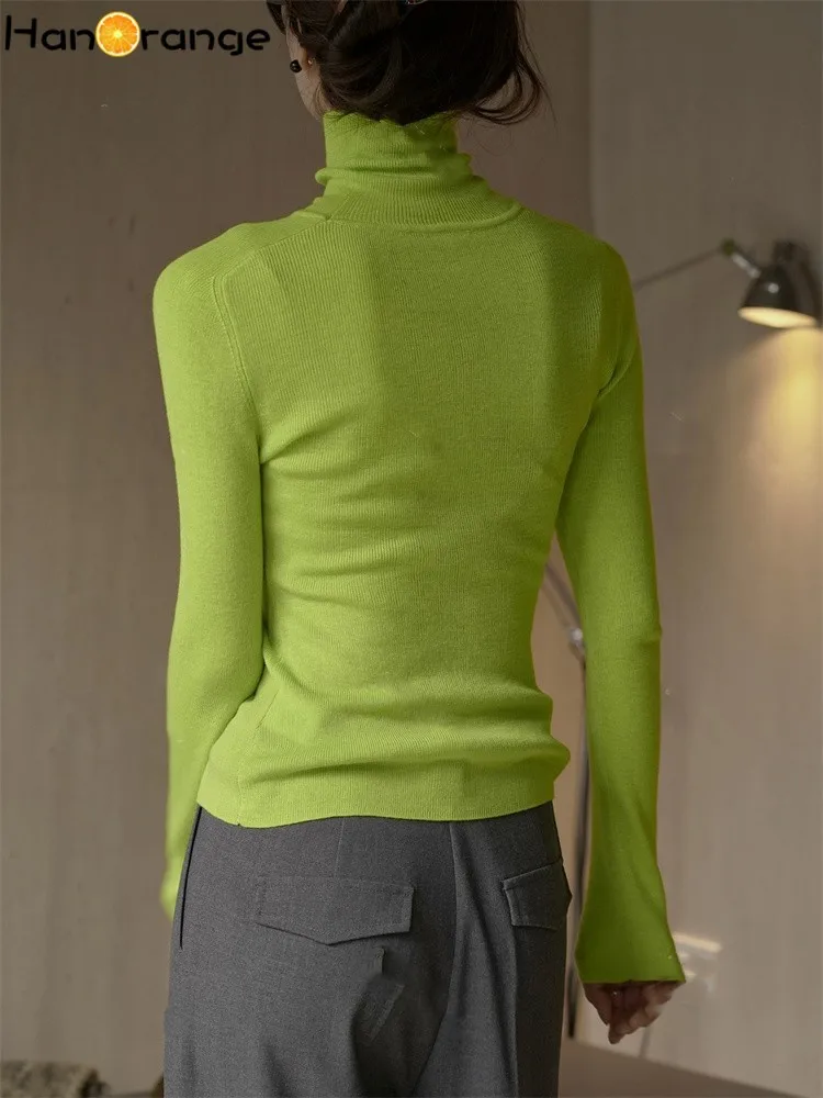 HanOrange 2024 Spring Simple Turtleneck Wool Knitted Shirt Women High Strecth Slim Sweater White/Blue/Fluorescent Green/Oat