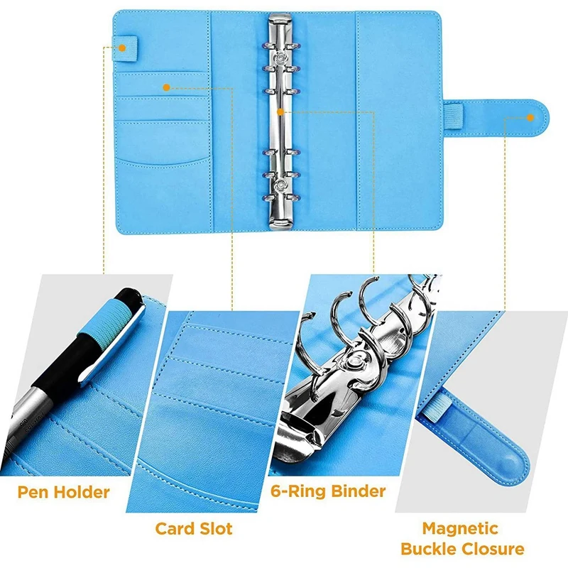 50 szt. Kieszonkowy zestaw do segregatorów ze skóry A6 PU, segregator do osobistego segregatora do oszczędzania pieniędzy, niebieski System kopert