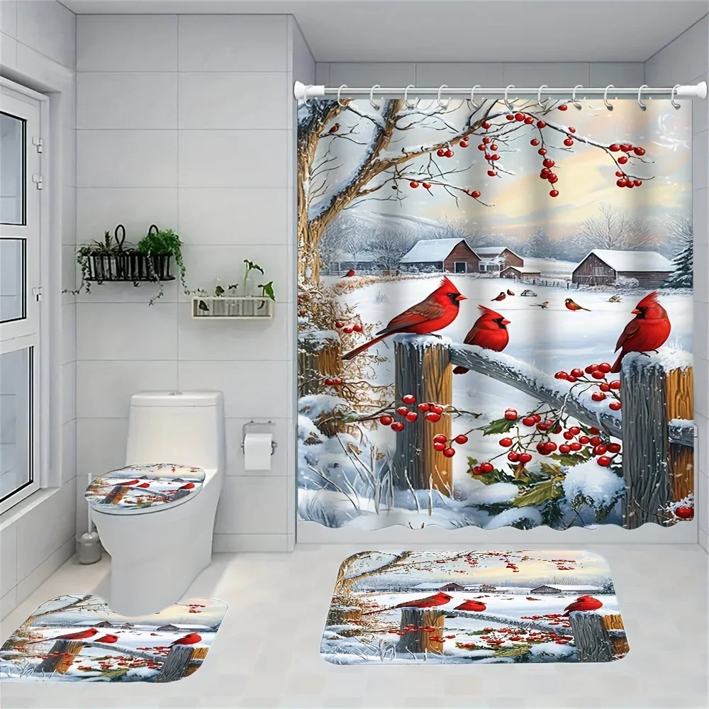 

Open 4pcs Christmas Red Robin Shower Curtain Set, Decorative Bathroom Set Including Waterproof Shower Curtain, Non-slip Floor