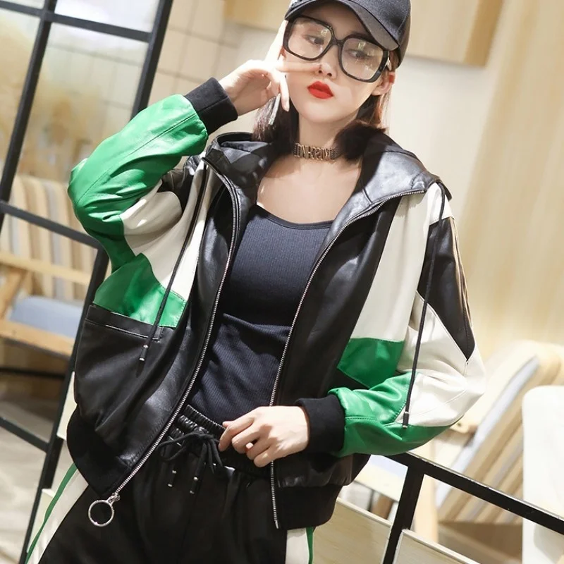 

2023 Autumn Casual Genuine Leather Hooded Jacket Women Long Sleeve Stand Collar Zip Loose Fit Patchwork Street Sheepskin Short