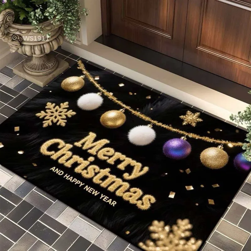 VIKAMA Black Plush Gold Frame Merry Christmas Bath Mat Quick Dry Machine Washable Entryway Porch Modern Farmhouse Home Decor