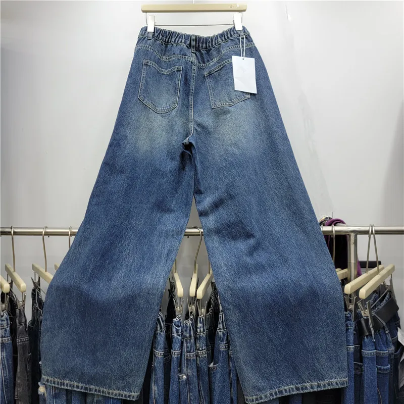 American Retro Hot Chick New Spring Autumn Wide Leg Jeans Personality Denim Splicing All-match High Waist Blue Straight Pants