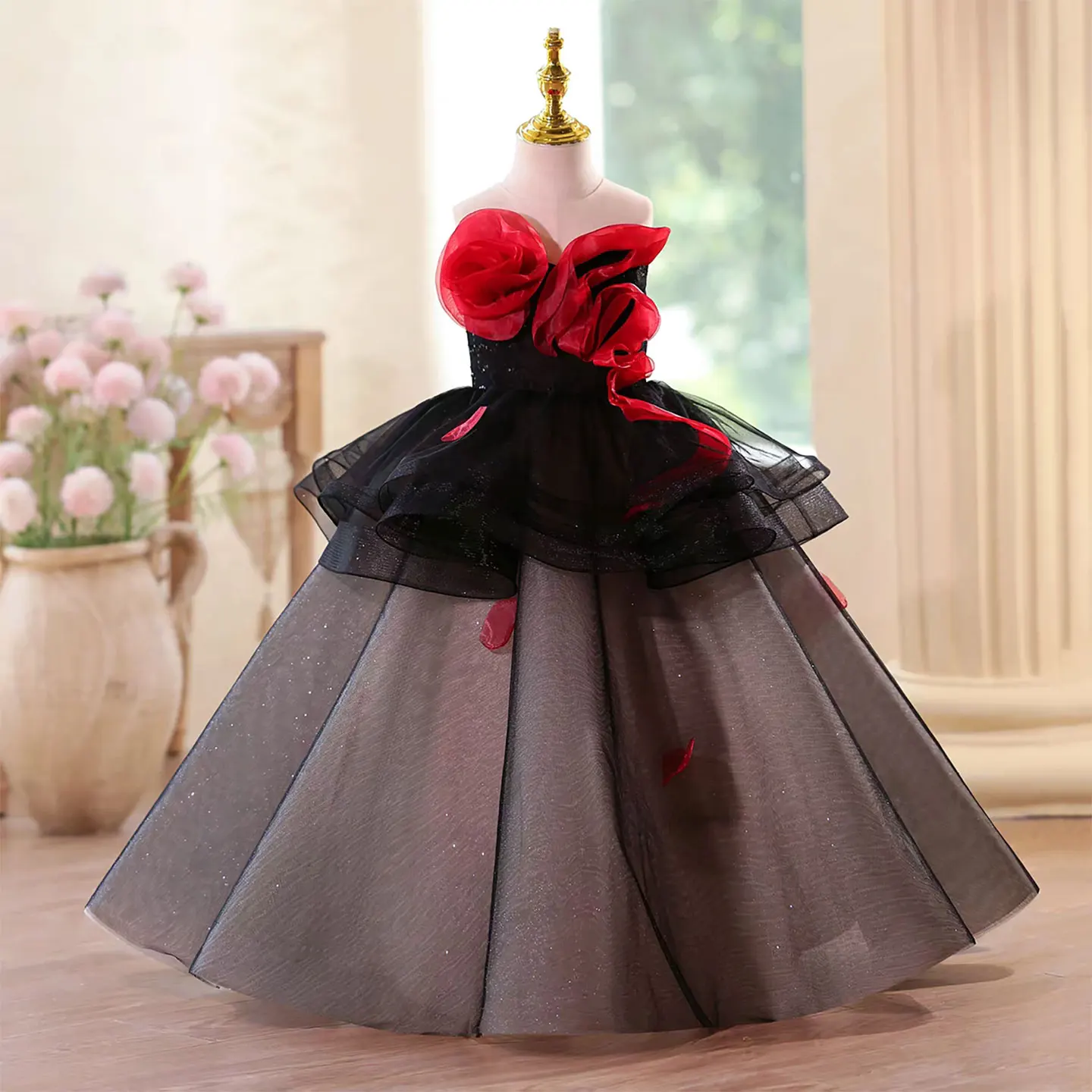 

Dreamy Vow Black Noble Flower Girls Dress With 3D Flowers Princess A-Line Skirt for Birthday Wedding Party Honor Day D122