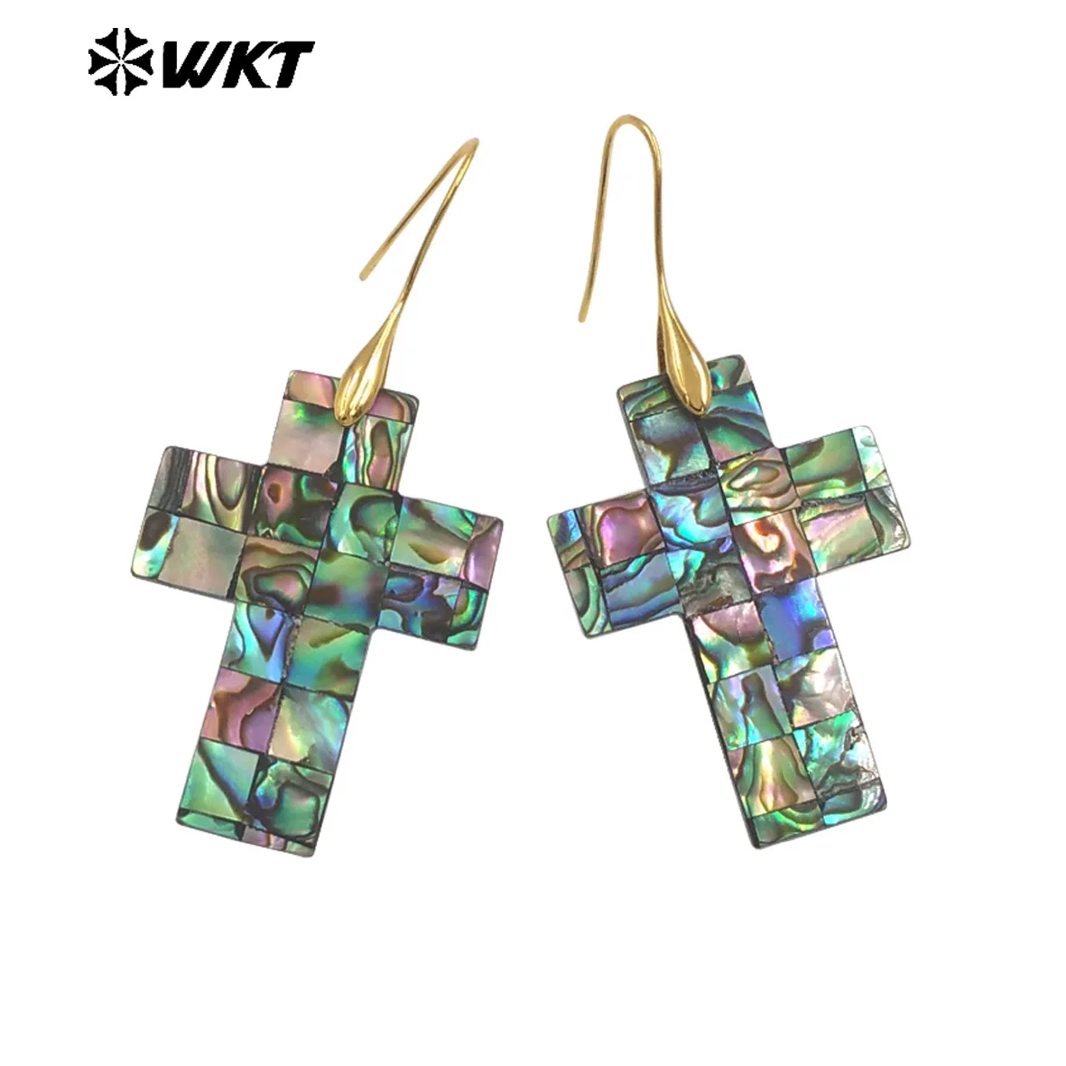 WT-MPE159 Hot Sales Romantic Style Natural Abalone Shell Earrings Gold Plated Cross/ Heart/ Waterdrop/ Moon Shape Ladies Gift