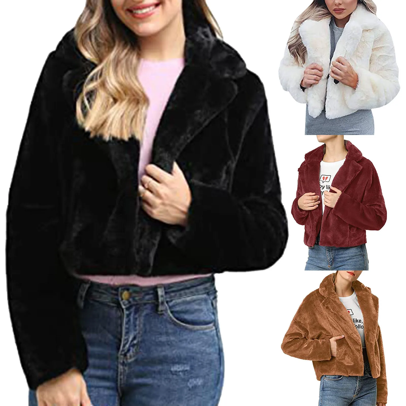 Women's Short Solid Faux Fur Fashion Cardigan Winter Thermal Thick Furry Baggy Jacket Loose Soft Sweater Fleece Hooded Outerwear