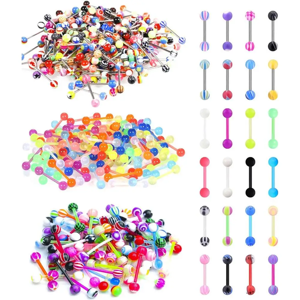 15-120Pcs Set 14G Surgical Steel Tongue Rings for Women Stainless Steel Acrylic Ball Nipple Rings Barbell Fashion Body Piercing
