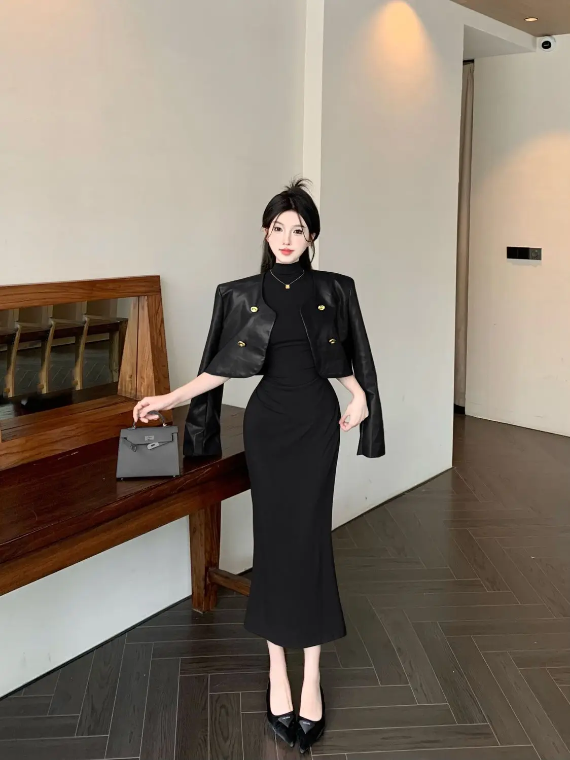 Pure Desire Style Two-Piece Set Loose Long-Sleeved Leather Short Jacket Turtleneck Dress Women Spring Autumn New Slimming Suit