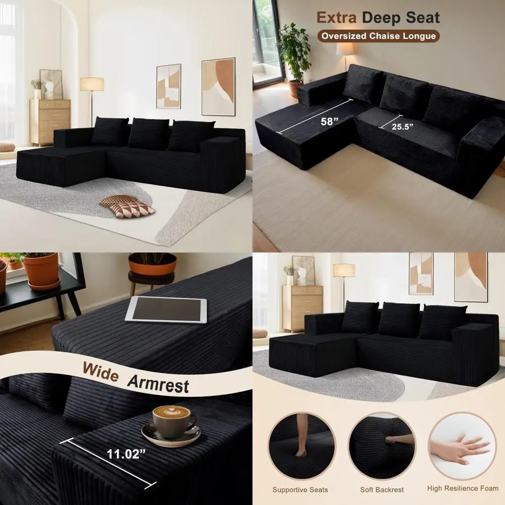 

modern minimalist l-shape sectional sofa, boneless cloud-like couch with chaise, versatile modular living room furniture for fre
