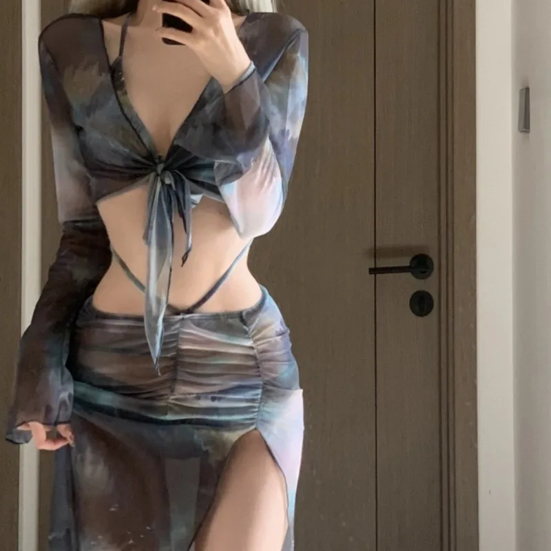 

European Skirted Four-Piece Bikini,Korean Style Fashionable Women's Sexy Tummy Control Figure-Flattering Beach Vacation Swimwear